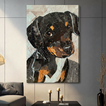 Rottweiler puppy canvas wall art in torn paper collage mosaic style, gallery wrap dog portrait print in a contemporary living room setting