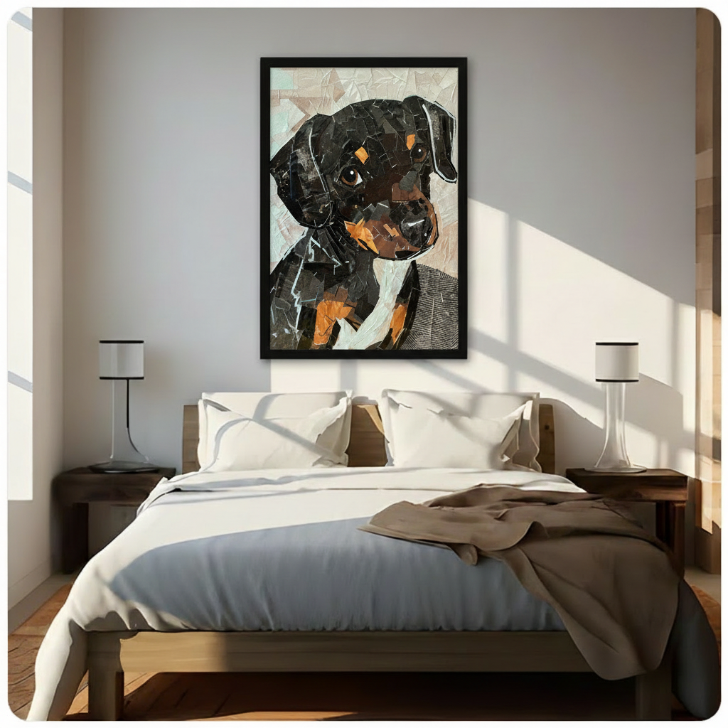 Black framed Rottweiler puppy collage mosaic art print above a bed with white linen bedding, wooden nightstands, and minimalist table lamps in a sunlit bedroom