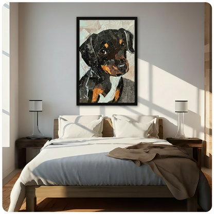 Black framed Rottweiler puppy collage mosaic art print above a bed with white linen bedding, wooden nightstands, and minimalist table lamps in a sunlit bedroom