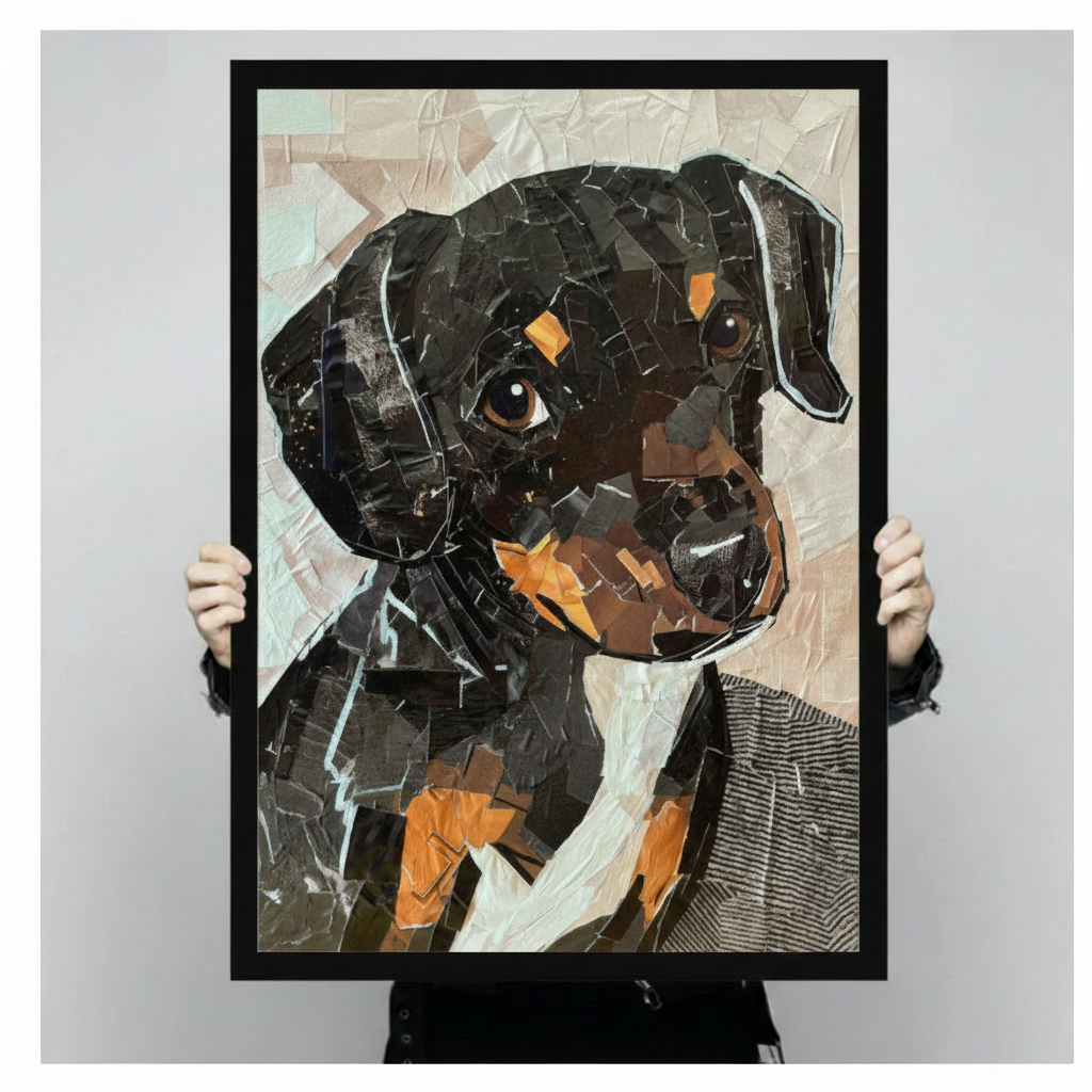 Rottweiler puppy collage art print in deep black frame held up against a light gray backdrop, paper mosaic dog portrait premium wall art