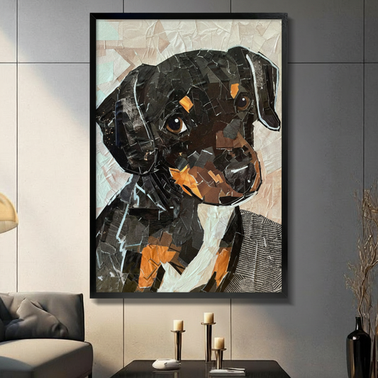 Framed Rottweiler puppy collage wall art in a deep black frame, torn paper mosaic dog portrait displayed in a modern living room with dark sofa