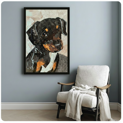 Black framed Rottweiler puppy mosaic collage art print hanging above a white armchair with a linen throw blanket in a cozy reading nook