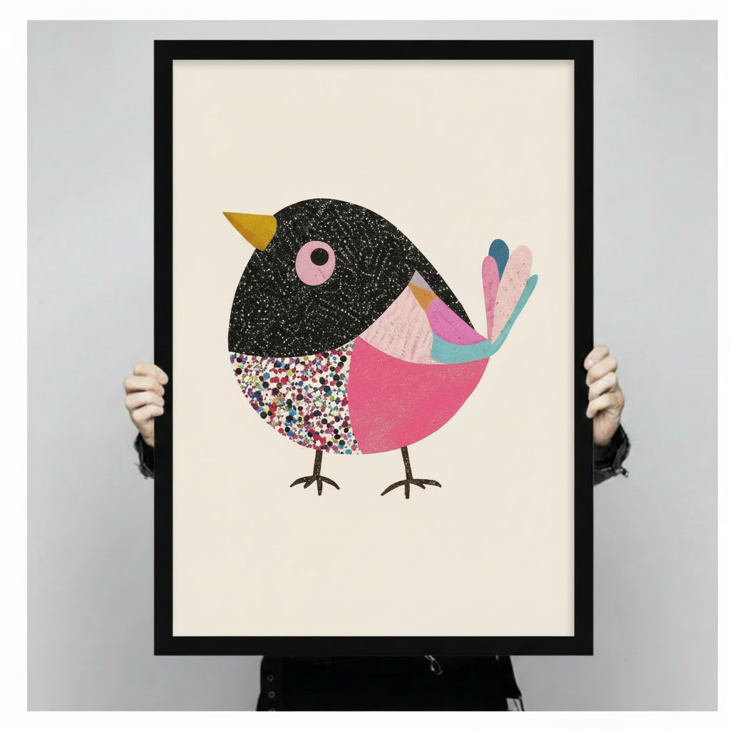 Colorful bird framed art above a bed in a bright modern bedroom