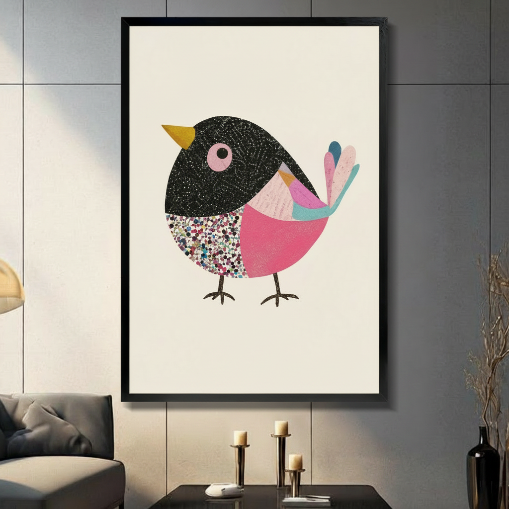 Colorful bird framed wall art displayed in a modern gray tiled living room