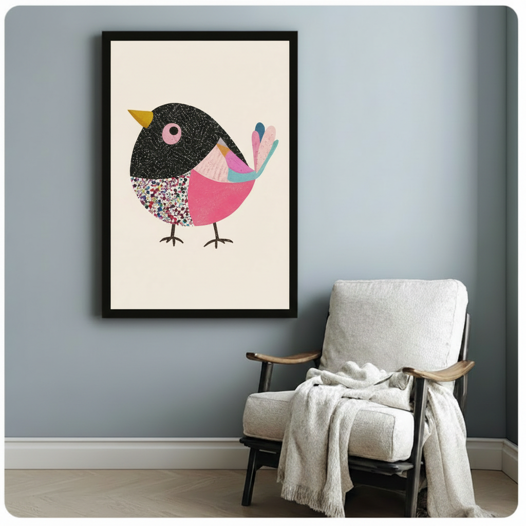 Colorful bird gallery wrap wall art displayed on a contemporary living room wall