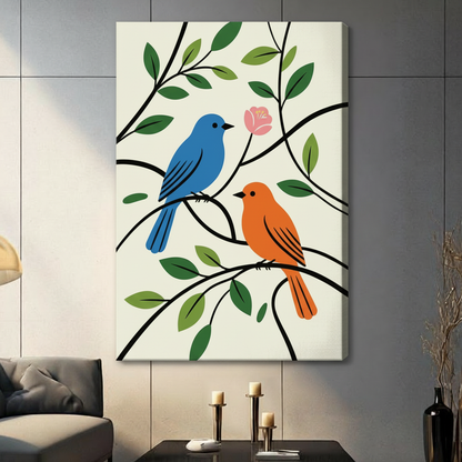 Stretched canvas print of two colorful birds — blue and orange — sitting on black botanical branches with green leaves and a pink rose, gallery-wrapped modern wall decor
