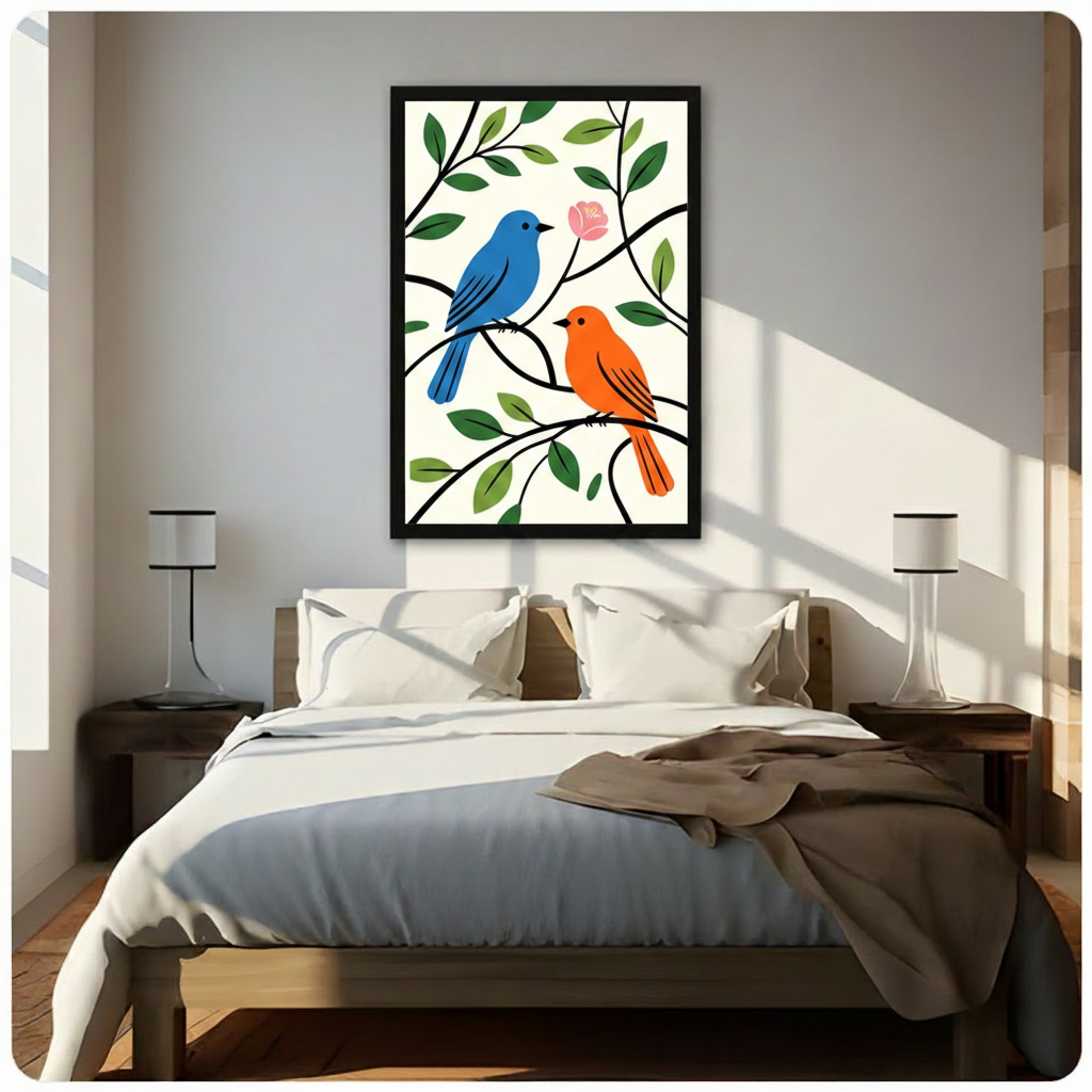 Framed canvas wall art of a blue and orange bird couple on flowering botanical branches, displayed above a bed in a bright Scandinavian-style bedroom with natural wood furniture