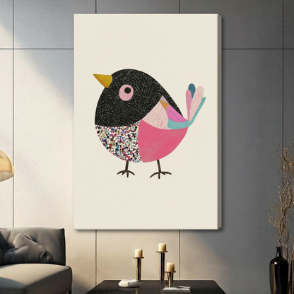 Colorful bird art print in a black frame held by hands for home decor