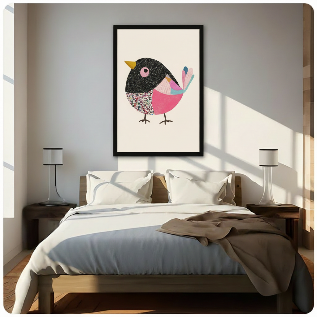 Colorful bird wall art in a black frame styled beside a cozy armchair