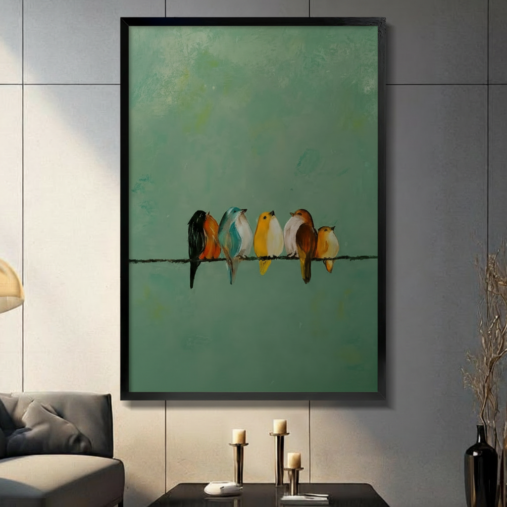 Minimalist oil painting wall art of five colorful birds perched on a wire against teal green background, displayed in black frame on dark gray wall in modern living room