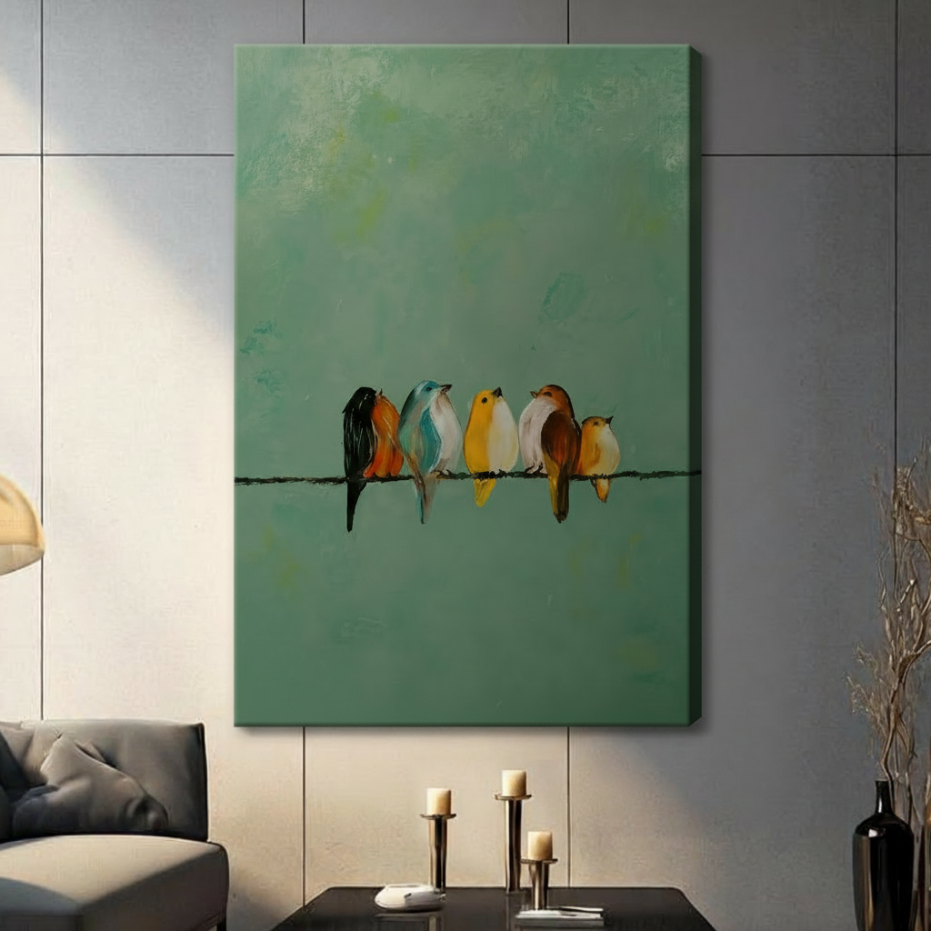 Frameless stretched canvas print featuring five small colorful birds sitting on a wire in oil painting style with sage green textured background