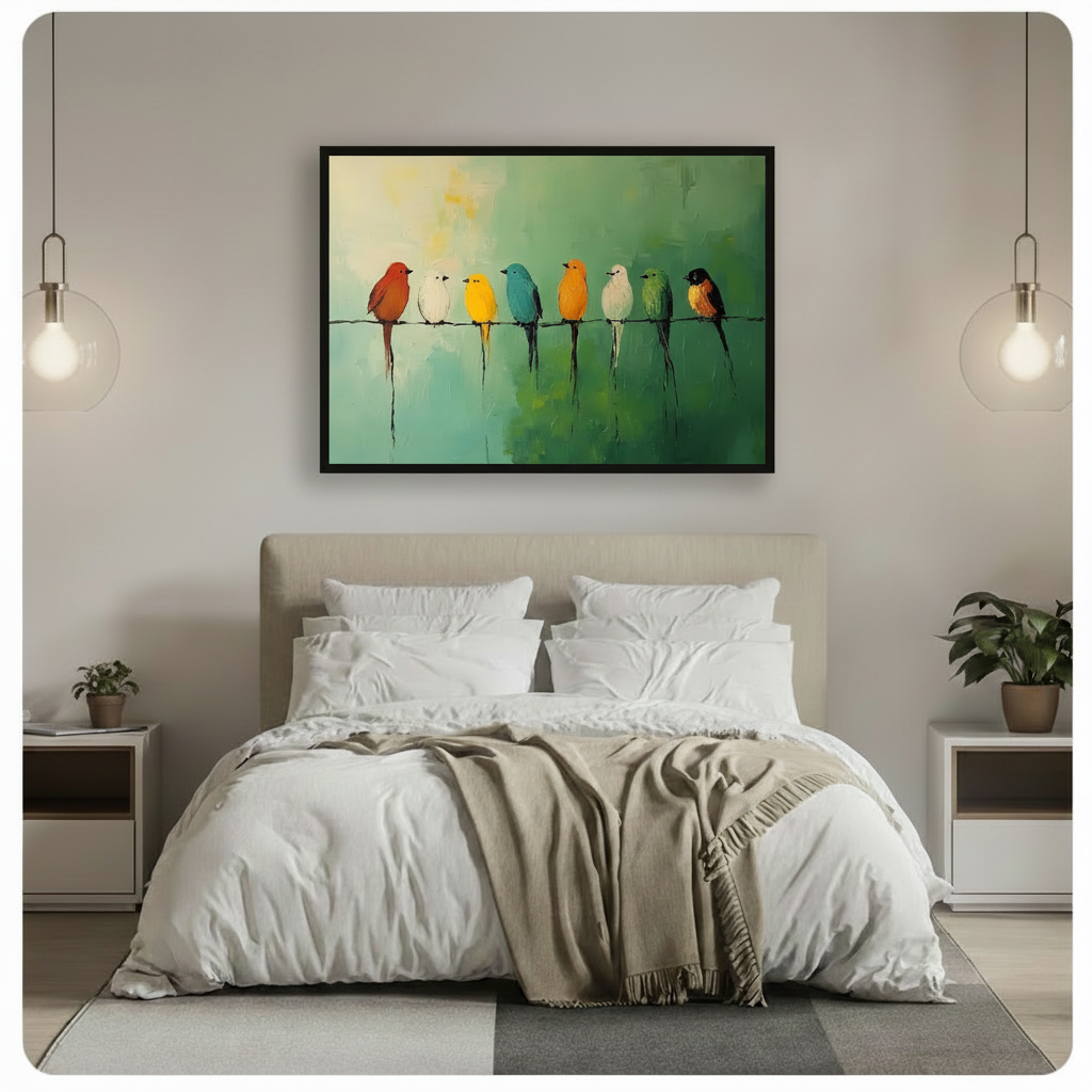 Colorful birds on wire canvas wall art framed in black displayed above bed as bedroom focal point in modern neutral bedroom with pendant lights