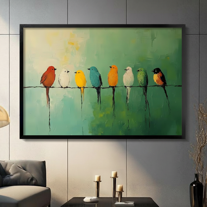 Colorful birds on wire framed canvas wall art with black wood frame displayed in modern living room with gray panel wall