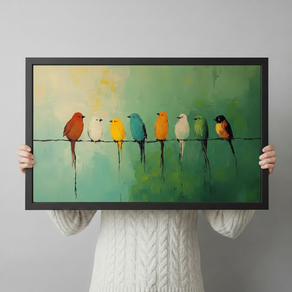 Hand-held preview of colorful birds on wire oil painting canvas art in black frame showing full artwork detail and brushwork texture