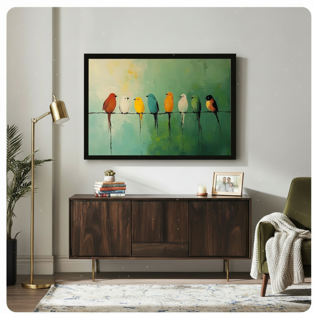 Framed colorful birds on wire oil painting canvas art hung above wooden sideboard in modern living room with gold floor lamp and green plants
