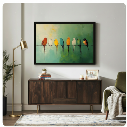 Framed colorful birds on wire oil painting canvas art hung above wooden sideboard in modern living room with gold floor lamp and green plants
