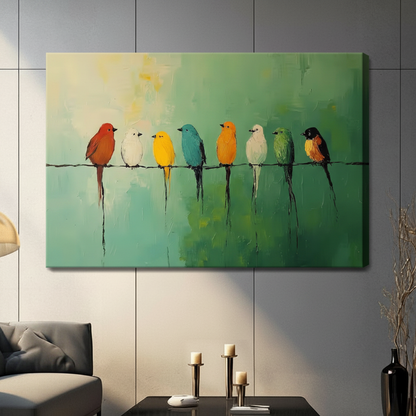 Gallery-wrapped stretched canvas of colorful birds perched on wire with vibrant oil painting style on emerald green background hung on gray panel wal