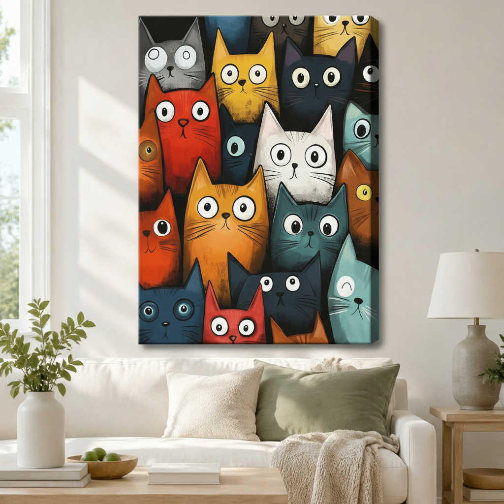 Whimsical crowd of colorful cartoon cats canvas wall art hung above a white sofa, bold multicolor big-eyed cat illustration for living room wall decor