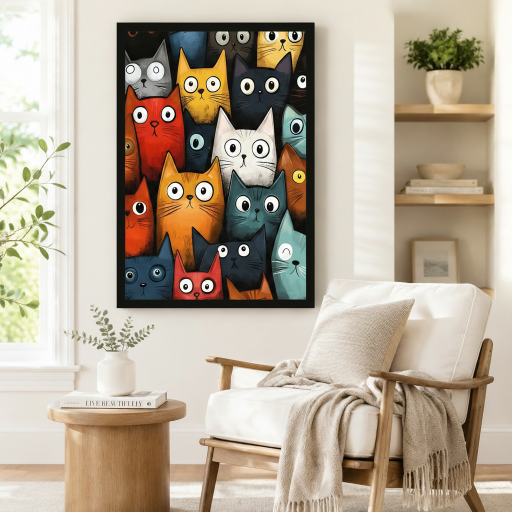 Playful multicolor cartoon cat crowd framed poster beside a Scandinavian armchair, fun big-eyed cats wall art in red orange teal and black for reading nook