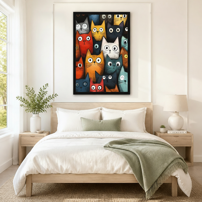 Colorful cartoon cats crowd framed wall art above a neutral Scandinavian bedroom bed, playful big-eyed multicolor cat illustration as statement bedroom wall decor