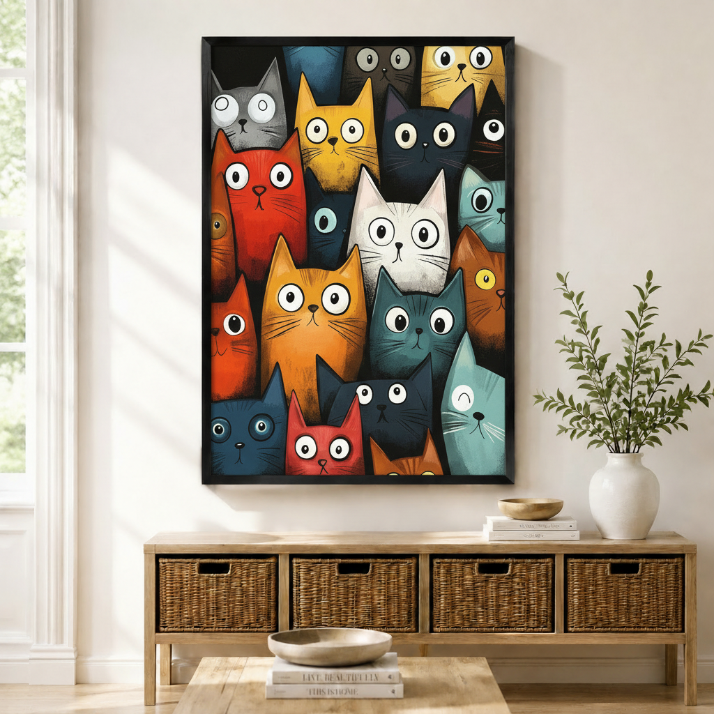 Colorful cartoon cats crowd with big eyes framed wall art above a wicker basket sideboard, whimsical multicolor cat illustration print for living room decor
