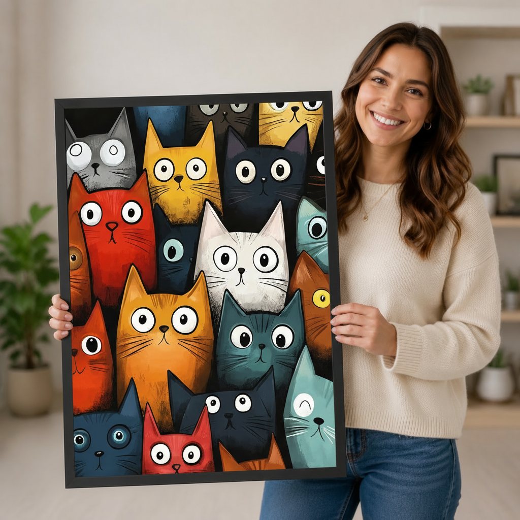 Woman holding large colorful cartoon cats crowd art print showing size reference, whimsical big-eyed multicolor cat wall art with red orange teal and black cats