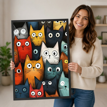 Woman holding large colorful cartoon cats crowd art print showing size reference, whimsical big-eyed multicolor cat wall art with red orange teal and black cats