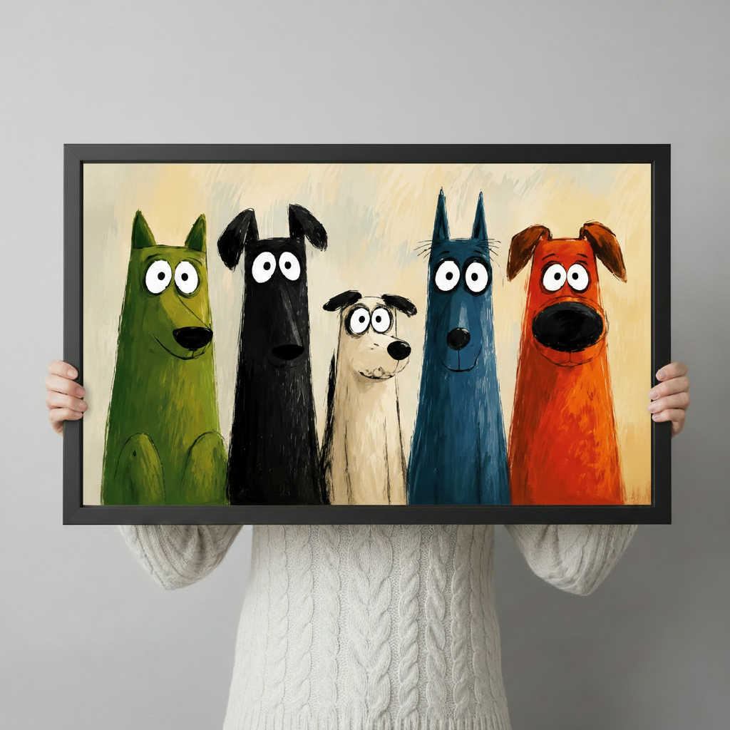 Person holding a framed art print of five funny cartoon dogs in green, black, white, blue and red-orange, showcasing the whimsical illustration style and black frame detail