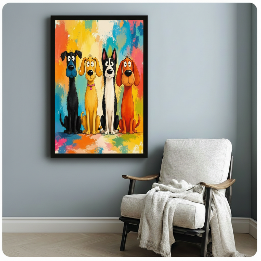 Framed colorful cartoon dog wall art print hanging on a light blue-gray wall beside a white linen armchair with a draped taupe throw blanket