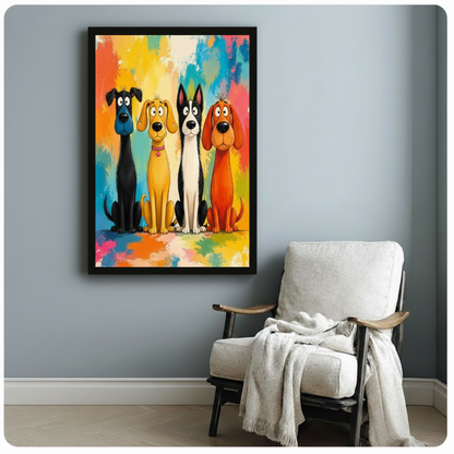 Framed colorful cartoon dog wall art print hanging on a light blue-gray wall beside a white linen armchair with a draped taupe throw blanket
