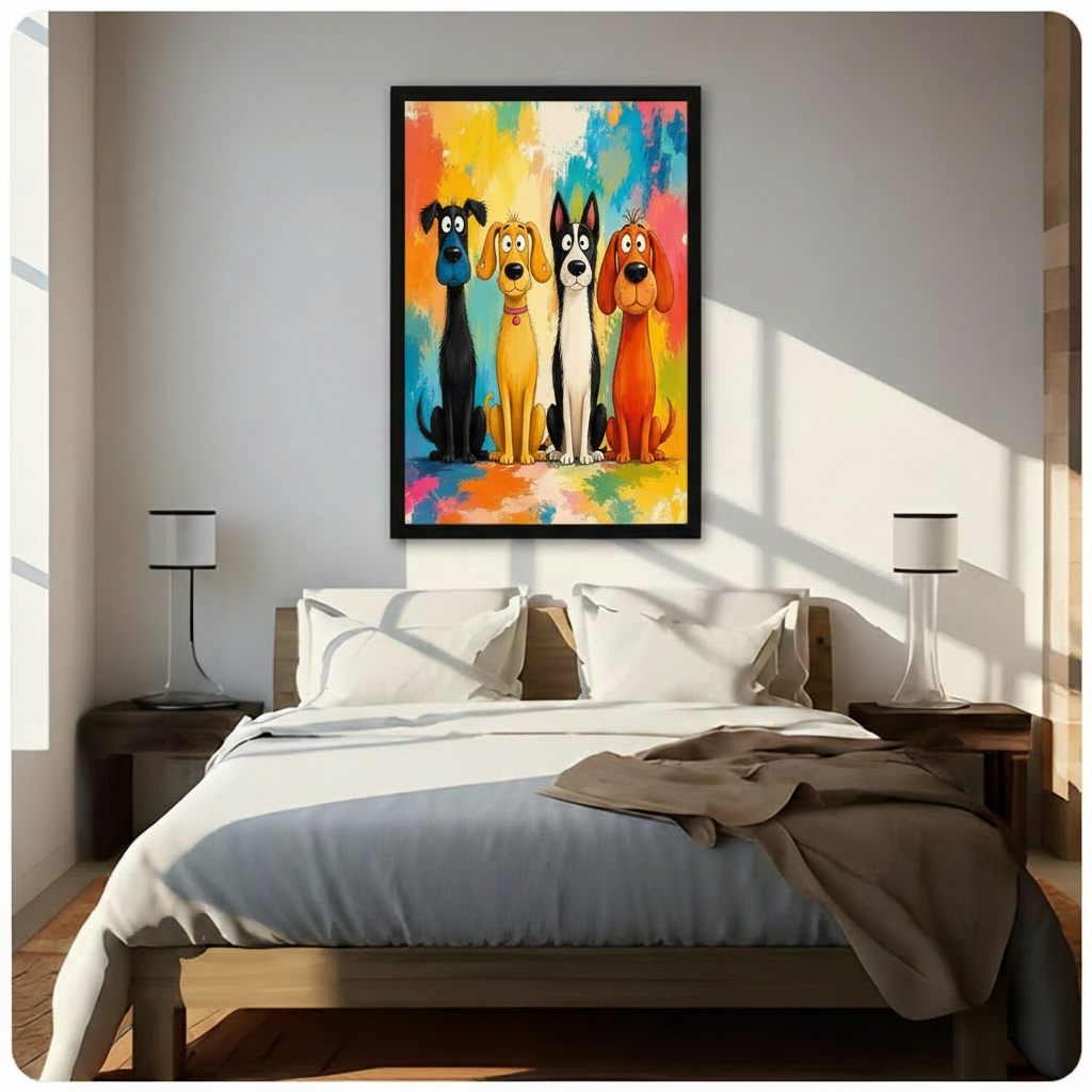 Colorful cartoon dogs framed wall art above a modern bed with white linen bedding, dark wooden nightstands, and warm natural light streaming through windows