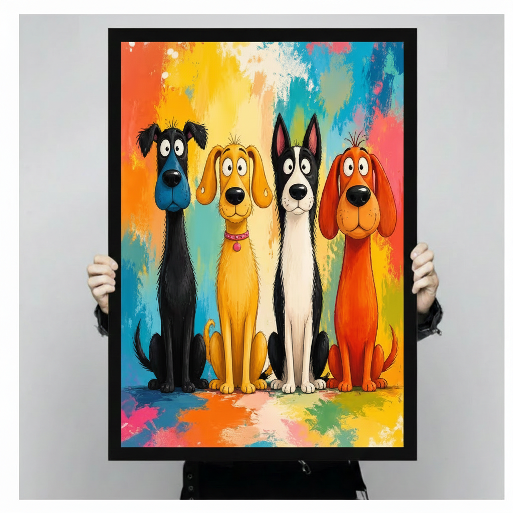 Funny cartoon dogs framed canvas art held up against a light gray background, featuring four expressive dogs in bold rainbow colors on a colorful paint splash background