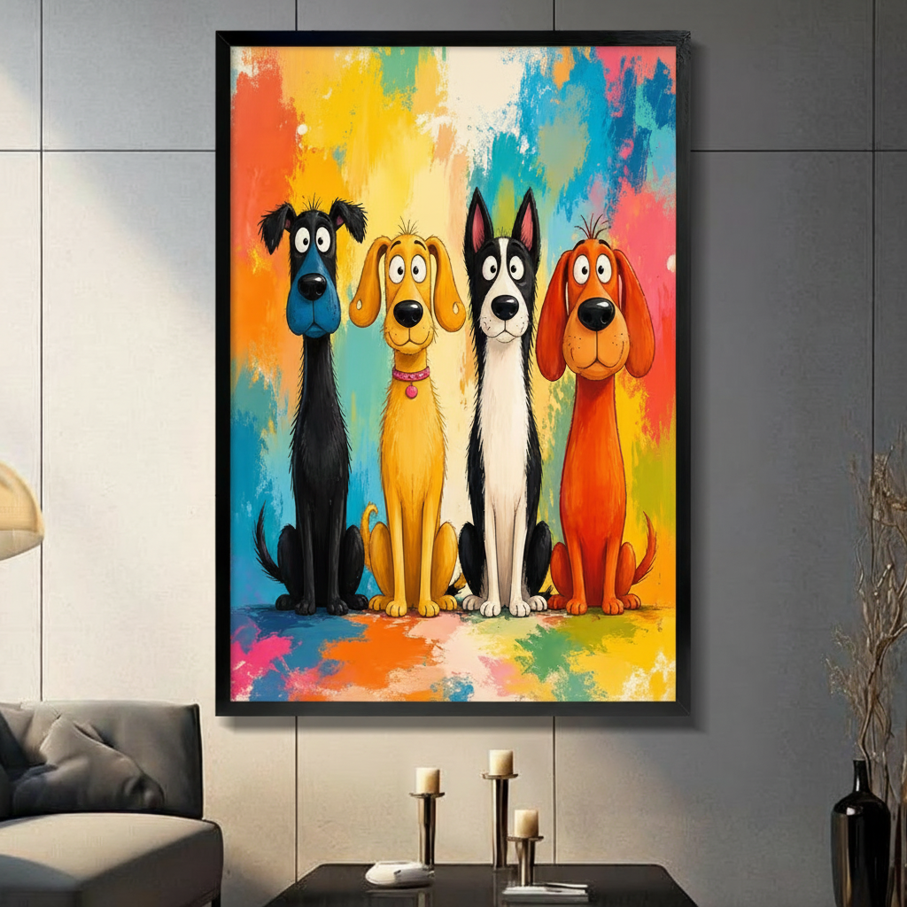 Four colorful cartoon dogs framed canvas wall art in a black frame, hung on a dark gray tile wall in a contemporary living room with candle holders and a deep charcoal sofa