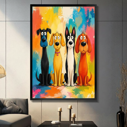Four colorful cartoon dogs framed canvas wall art in a black frame, hung on a dark gray tile wall in a contemporary living room with candle holders and a deep charcoal sofa
