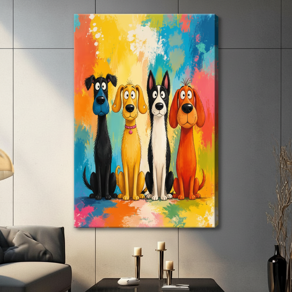 Colorful cartoon dogs canvas wall art with vibrant rainbow brushstroke background, displayed unframed on a gray tile wall in a modern living room with candle holders and a dark sofa