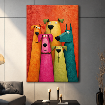 Whimsical sculptural illustration of five elongated cartoon dogs in bold colors orange pink yellow green and teal with expressive faces and black noses grouped together on a vivid orange-red textured background fun dog wall art stretched canvas dark panel wall living room