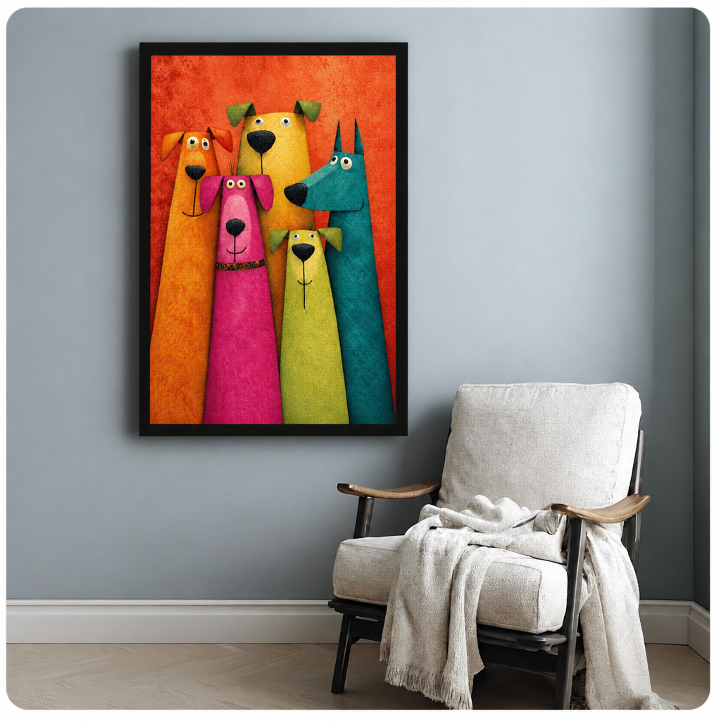 Whimsical sculptural illustration of five elongated cartoon dogs in bold colors orange pink yellow green and teal with expressive faces and black noses grouped together on a vivid orange-red textured background fun dog wall art framed print beside armchair blue-gray wall