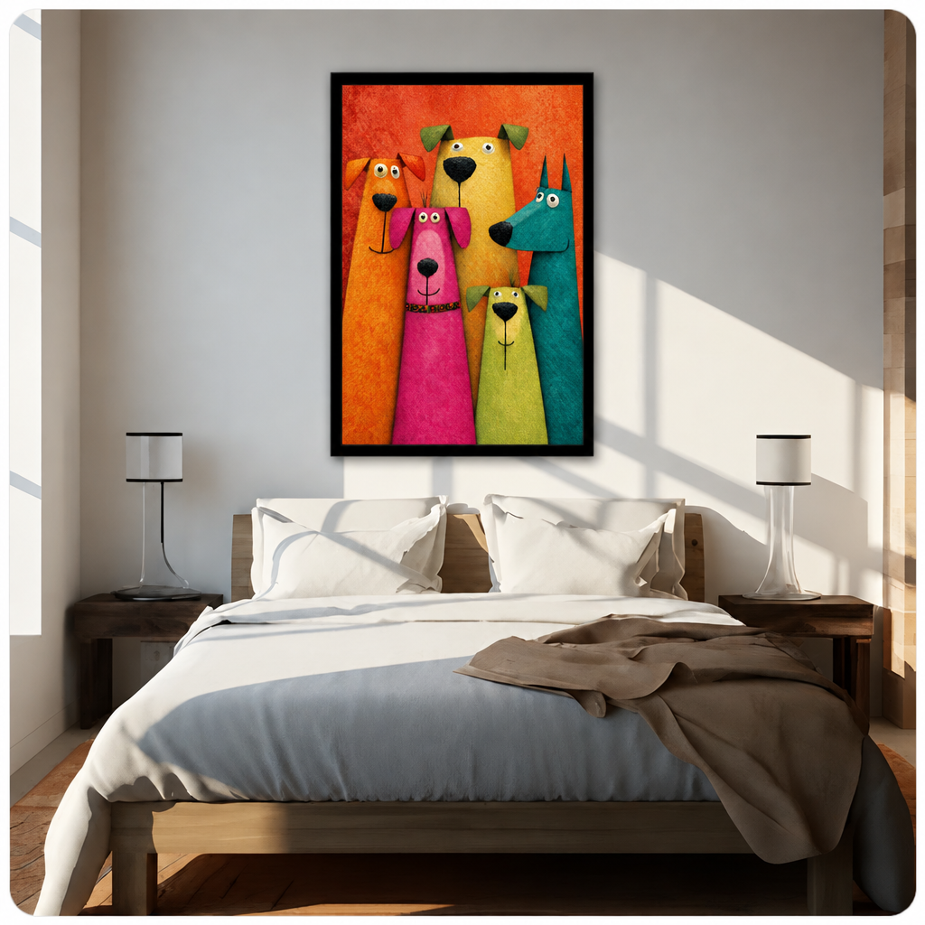 Whimsical sculptural illustration of five elongated cartoon dogs in bold colors orange pink yellow green and teal with expressive faces and black noses grouped together on a vivid orange-red textured background fun dog wall art framed print above bed sunlit bedroom