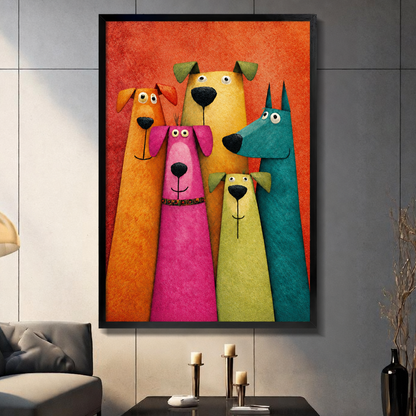 Whimsical sculptural illustration of five elongated cartoon dogs in bold colors orange pink yellow green and teal with expressive faces and black noses grouped together on a vivid orange-red textured background fun dog wall art framed print dark panel wall living room