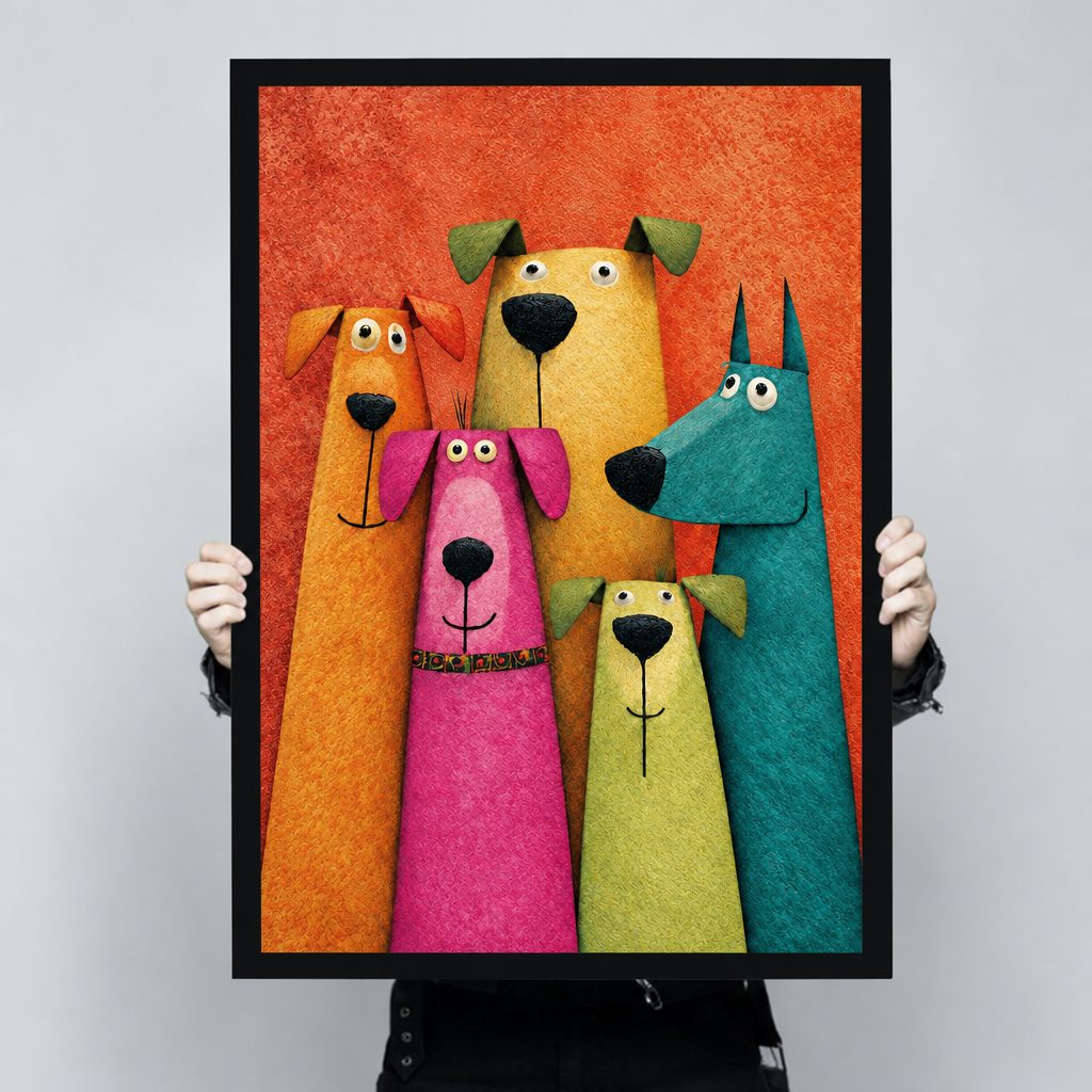 Whimsical sculptural illustration of five elongated cartoon dogs in bold colors orange pink yellow green and teal with expressive faces and black noses grouped together on a vivid orange-red textured background fun dog wall art framed print held up