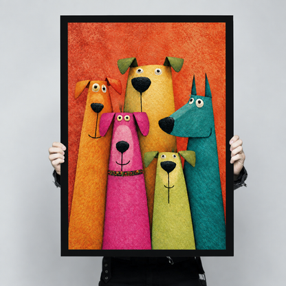 Whimsical sculptural illustration of five elongated cartoon dogs in bold colors orange pink yellow green and teal with expressive faces and black noses grouped together on a vivid orange-red textured background fun dog wall art framed print held up