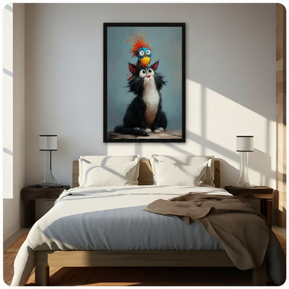 Colorful cat and bird framed artwork displayed above a bed in a bright modern bedroom