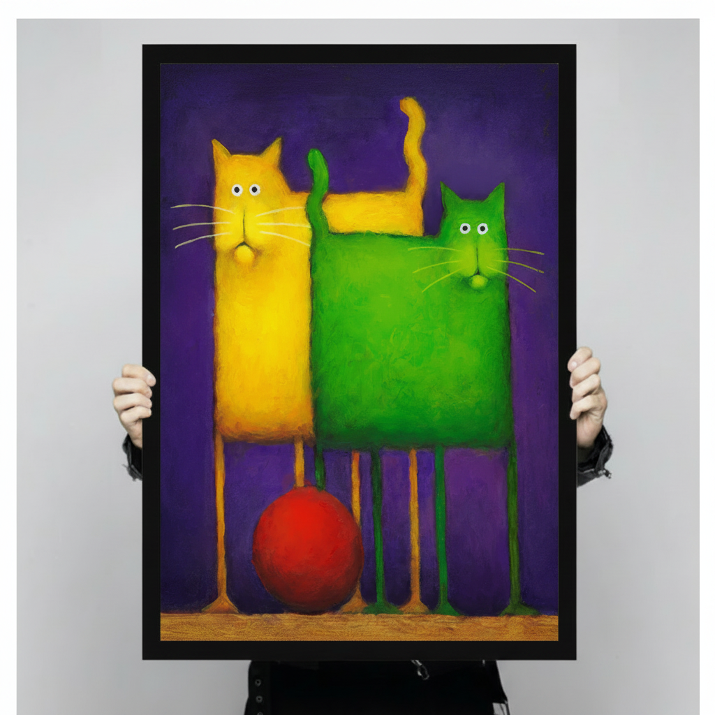 Person holding a large black framed bold colorful cat duo canvas art print showing a quirky tall yellow cat and a chunky green cat standing together with a bright red ball between their long legs on a vivid purple background against a light gray studio backdrop
