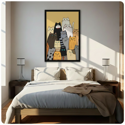 Framed colorful cartoon cat group print hung above bed in bright minimalist bedroom with wooden nightstands and white bedding