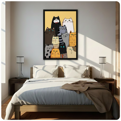 Framed colorful cartoon cat group print hung above bed in bright minimalist bedroom with wooden nightstands and white bedding