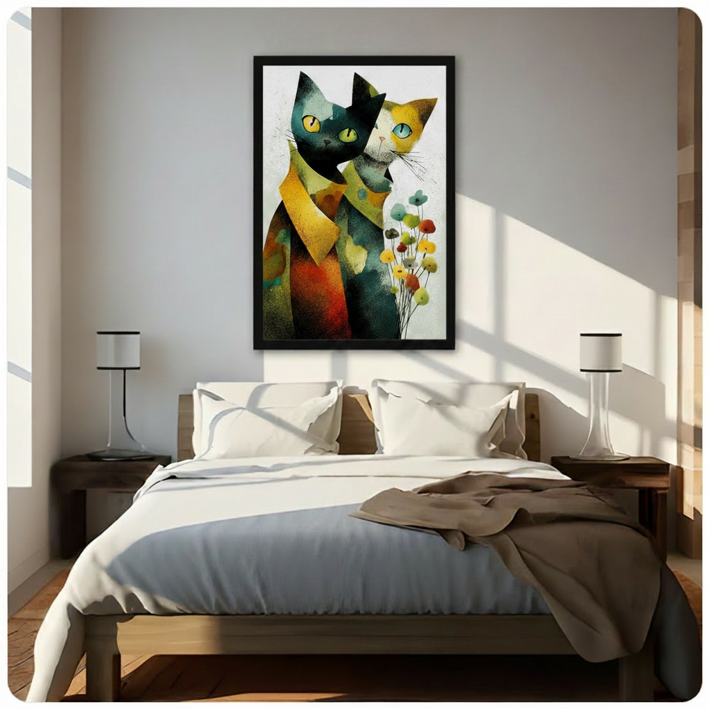 Colorful abstract cat pair wall art in black frame displayed above bed as bedroom wall decor