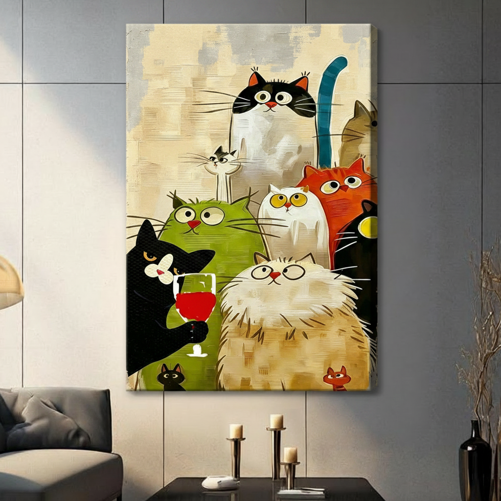 Colorful cartoon cat party canvas wrap on dark gray paneled wall in modern living room with candle holders and sofa