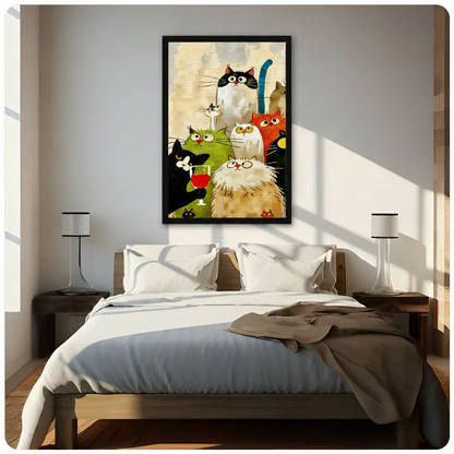 Colorful cartoon cat party framed wall art above bed in bright modern bedroom with warm sunlight and bedside lamps