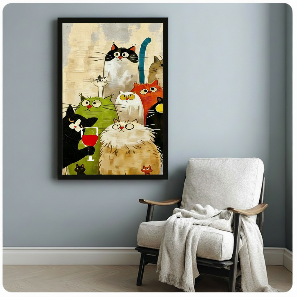 Colorful cartoon cat party framed print on blue-gray wall above white linen armchair with throw blanket