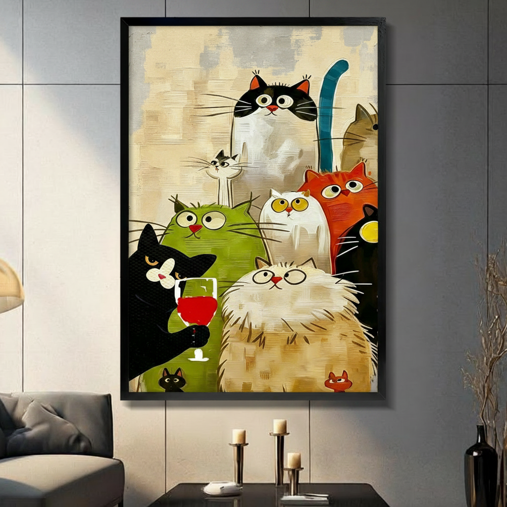 Colorful cartoon cat party framed wall art on dark gray paneled wall in modern living room with candle holders